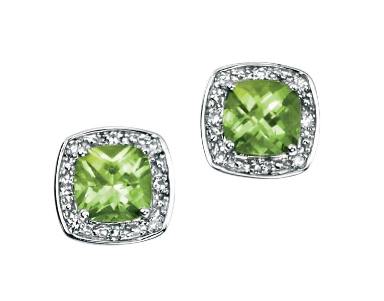 9ct White Gold Earrings With Cushion Cut Peridot With Pave Diamond Surround