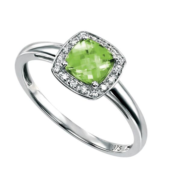 9ct White Gold Ring With Cushion Cut Peridot With Pave Diamond Surround