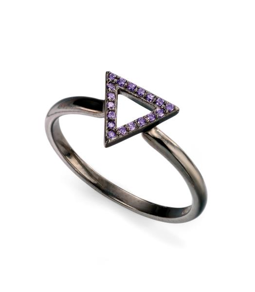 Black Open Triangle Ring With Purple CZ