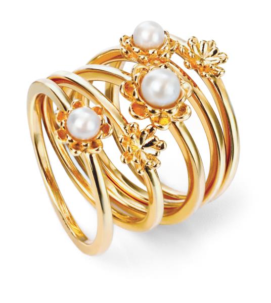 Gold Plate Set Of 5 Pearl Flower Stacking Rings