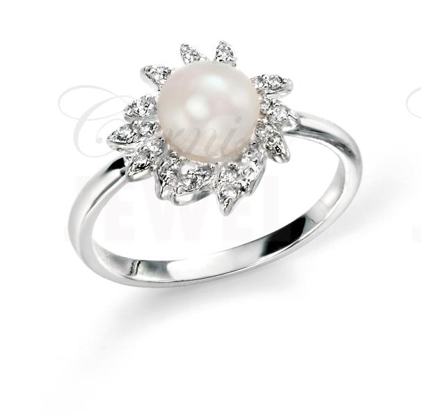 Rhodium Plated Sterling Silver Pearl Ring CZ