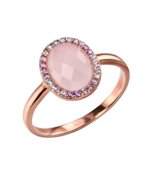 Rose Gold Plate Rose Quartz And CZ Oval Ring