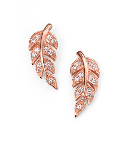 Rose Gold Plate Clear CZ Leaf Stud Earrings