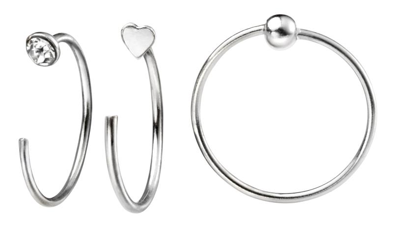Set Of Three Nose Rings, Crystal, Ball & Heart
