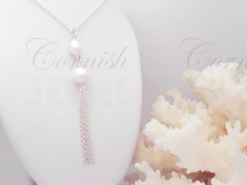 Silver Pearl Necklace Lariat Tassel Chain 17 1/2"