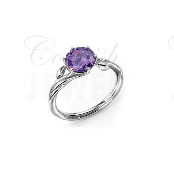 Silver Rhodium Purple Cz Ring With Leaf Detail