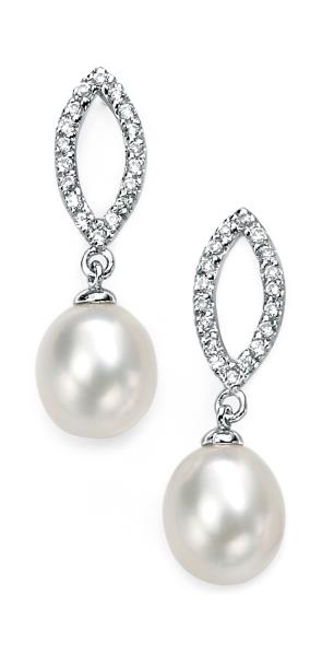 White Freshwater Pearl & Clear CZ Marquise Earrings