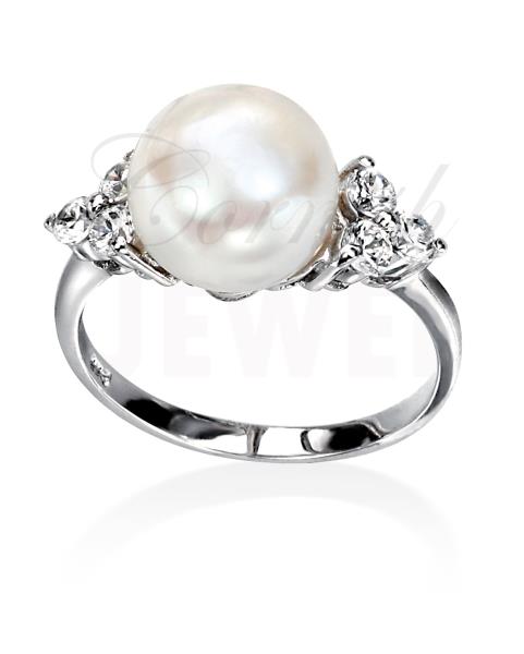 Sterling Silver Pearl Ring Cubic Zirconia Shoulders