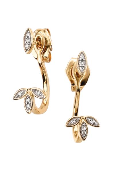 Yellow Gold Front Back Leaf Diamond Earrings