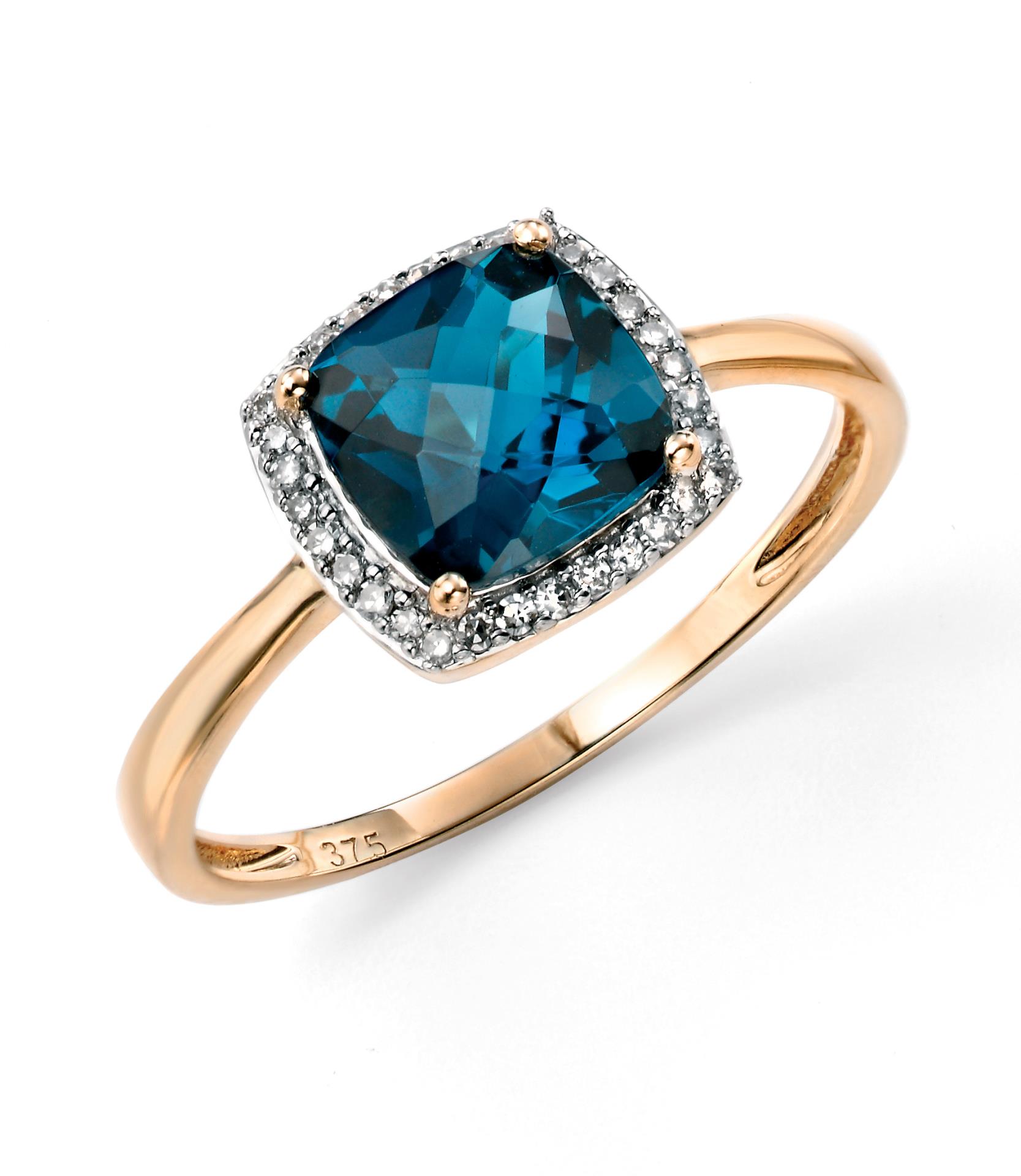 9ct Yellow Gold London Blue Topaz Checkerboard Ring With Diamond ...