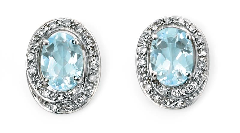9ct White Gold Diamond Rounds And Oval Aquamarine Earrings