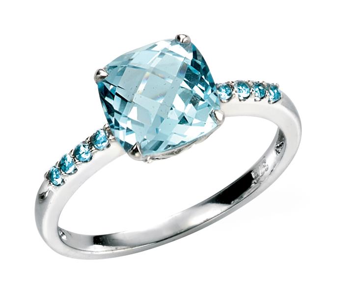 9ct White Gold Sky Blue Topaz Ring With Blue Topaz Stone Set Shoulders