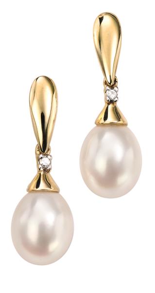9ct Yellow Gold And Diamond Pearl Drop Earrings