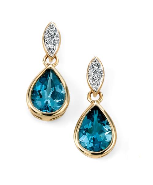 9ct Yellow Gold Diamond And London Blue Topaz Drop Earrings