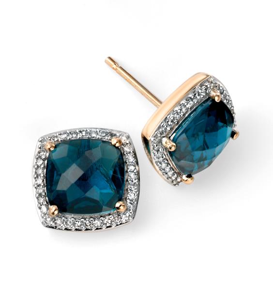 9ct Yellow Gold London Blue Topaz Checkerboard Earrings With Diamond Surround