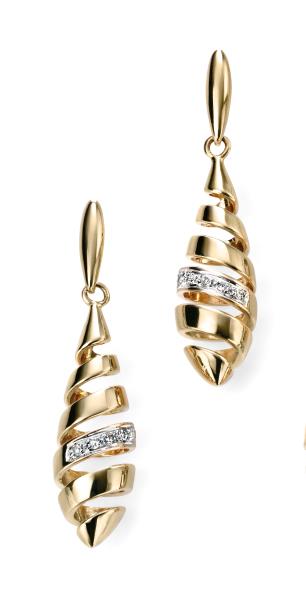 9ct Yellow Gold Spiral Drop Earrings With Diamonds