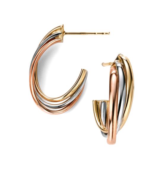 Elements Gold 9ct Tri Colour Hollow Open Hoop Earrings