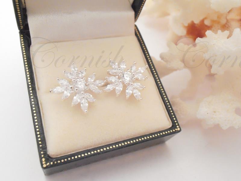 Silver Cubic Zirconia Stud Earrings Snowflake Wedding