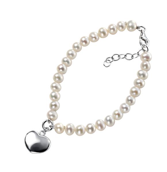 Sterling Silver Pearl Heart Charm Bracelet 7 - 8"
